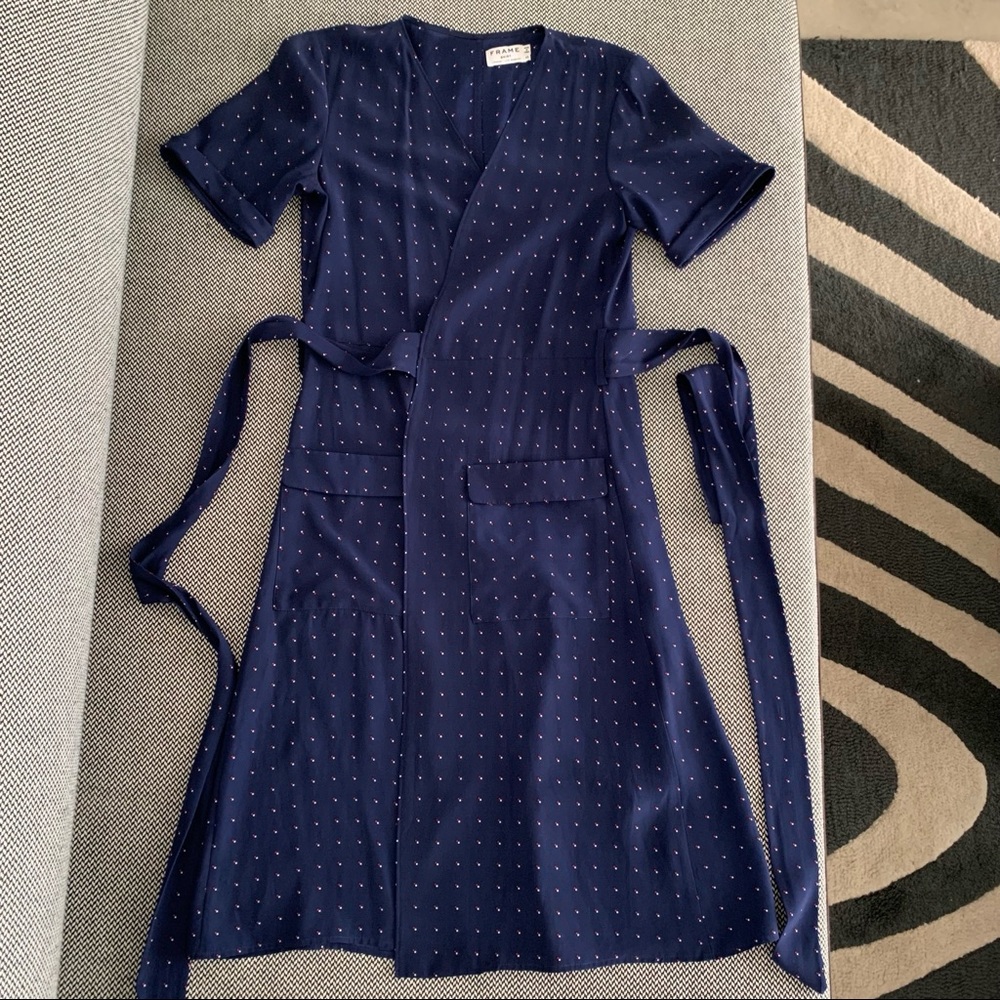 FRAME silk wrap dress navy dot print